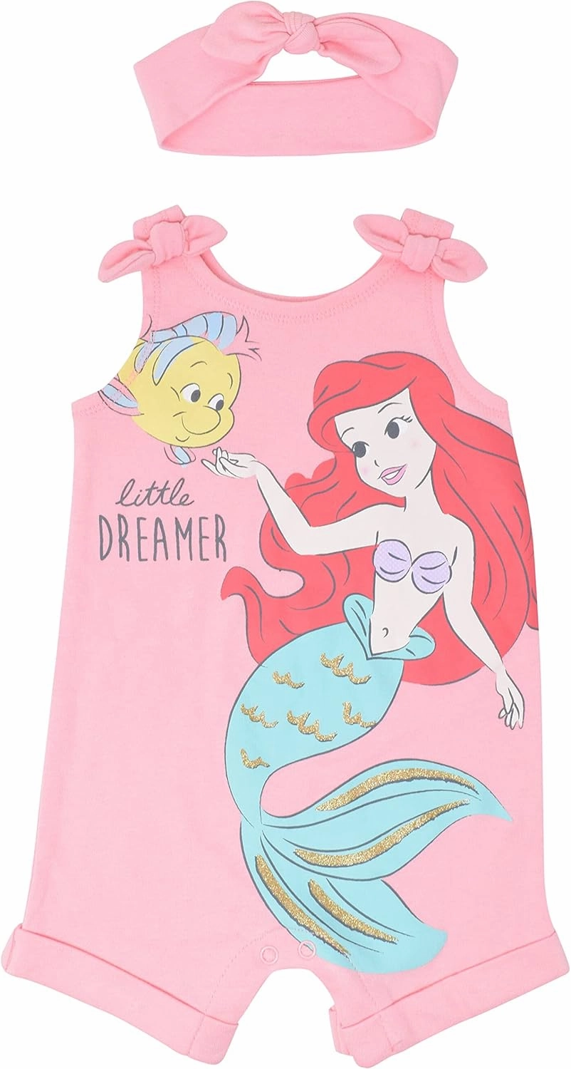 Disney Princess Rapunzel Ariel Belle Jasmine Aurora Baby Girls Snap Romper and Headband Newborn to Toddler