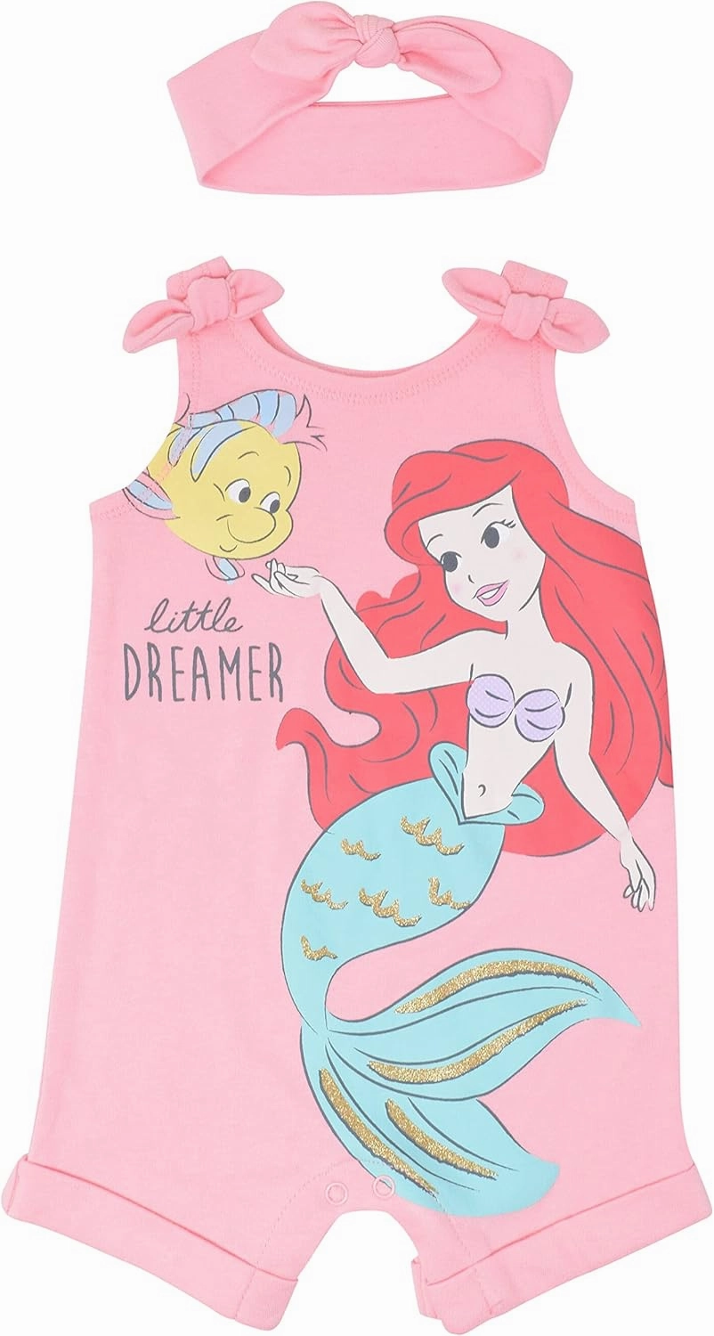 Disney Princess Rapunzel Ariel Belle Jasmine Aurora Baby Girls Snap Romper and Headband Newborn to Toddler