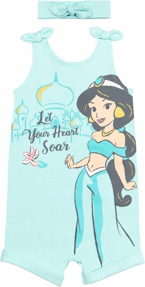 Disney Princess Rapunzel Ariel Belle Jasmine Aurora Baby Girls Snap Romper and Headband Newborn to Toddler