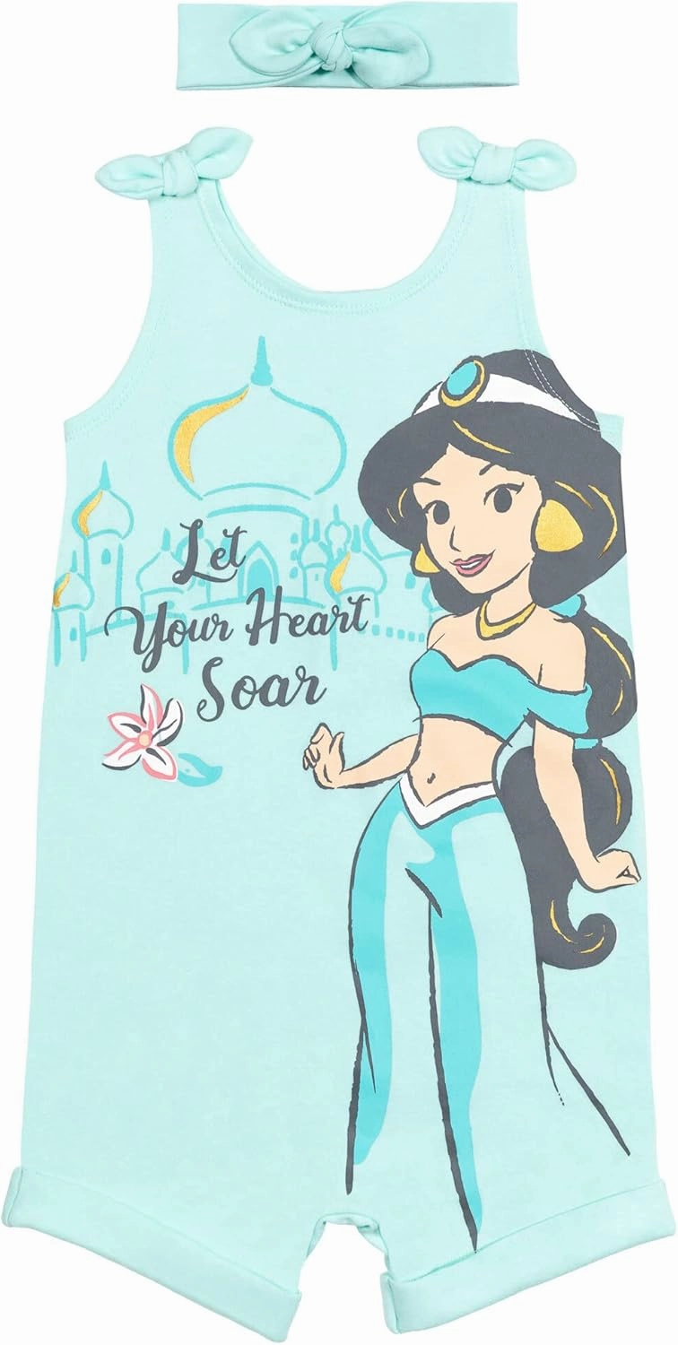 Disney Princess Rapunzel Ariel Belle Jasmine Aurora Baby Girls Snap Romper and Headband Newborn to Toddler