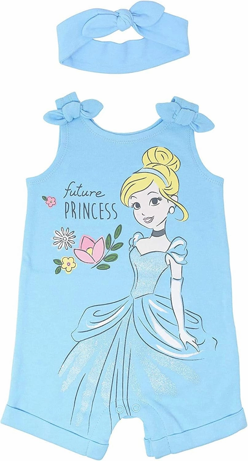 Disney Princess Rapunzel Ariel Belle Jasmine Aurora Baby Girls Snap Romper and Headband Newborn to Toddler