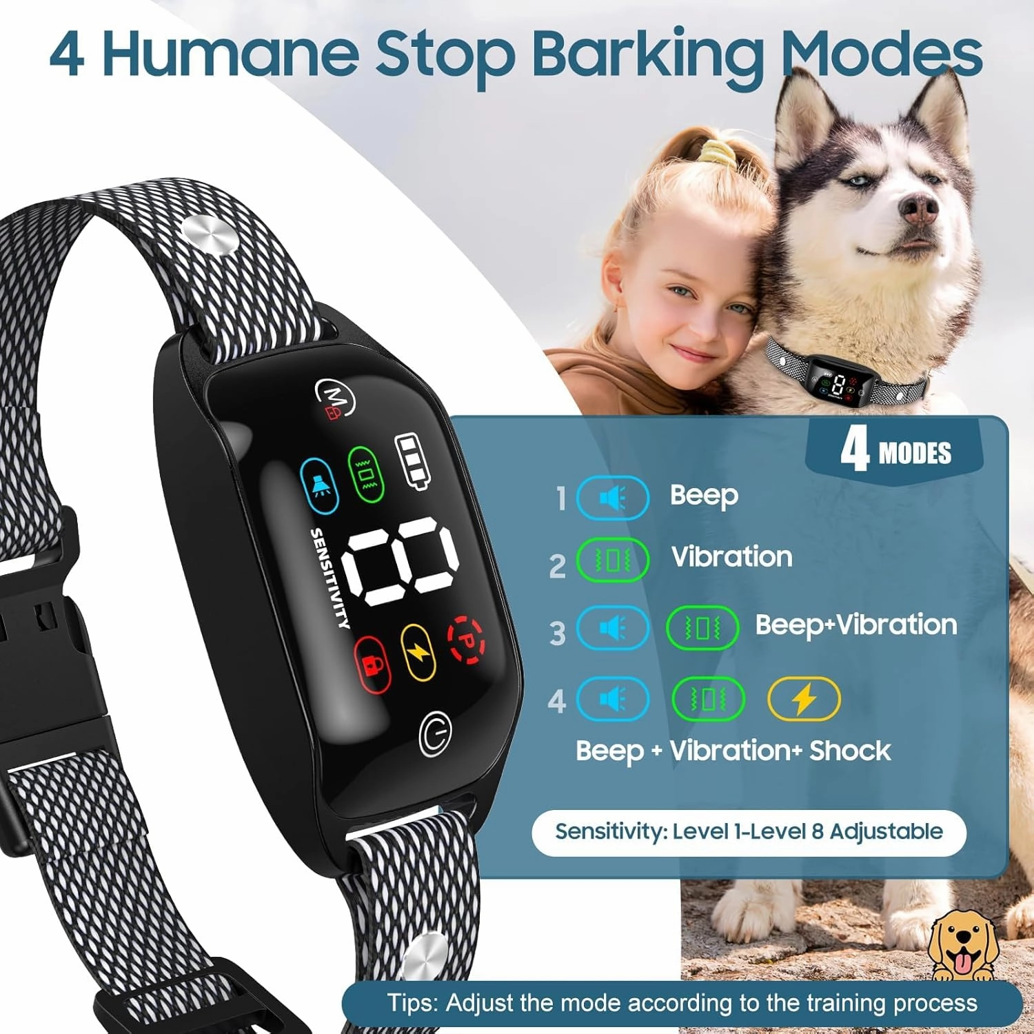 Dog Bark Collar, CMUBH Bark Collar for Large Dog with Beep Vibration Shock, Rechargeable Barking Collar with 8 Adjustable Sensitivity, Smart Anti Bark Collars for Medium Dogs