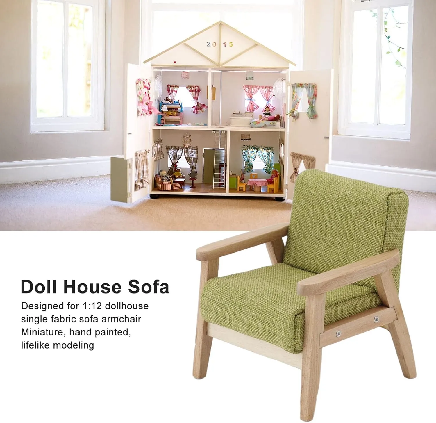 Doll House Sofa 1:12 Doll House Miniature Japanese Single Fabric Armchair Sofa Living Room Furniture Decoration(Grass Green)