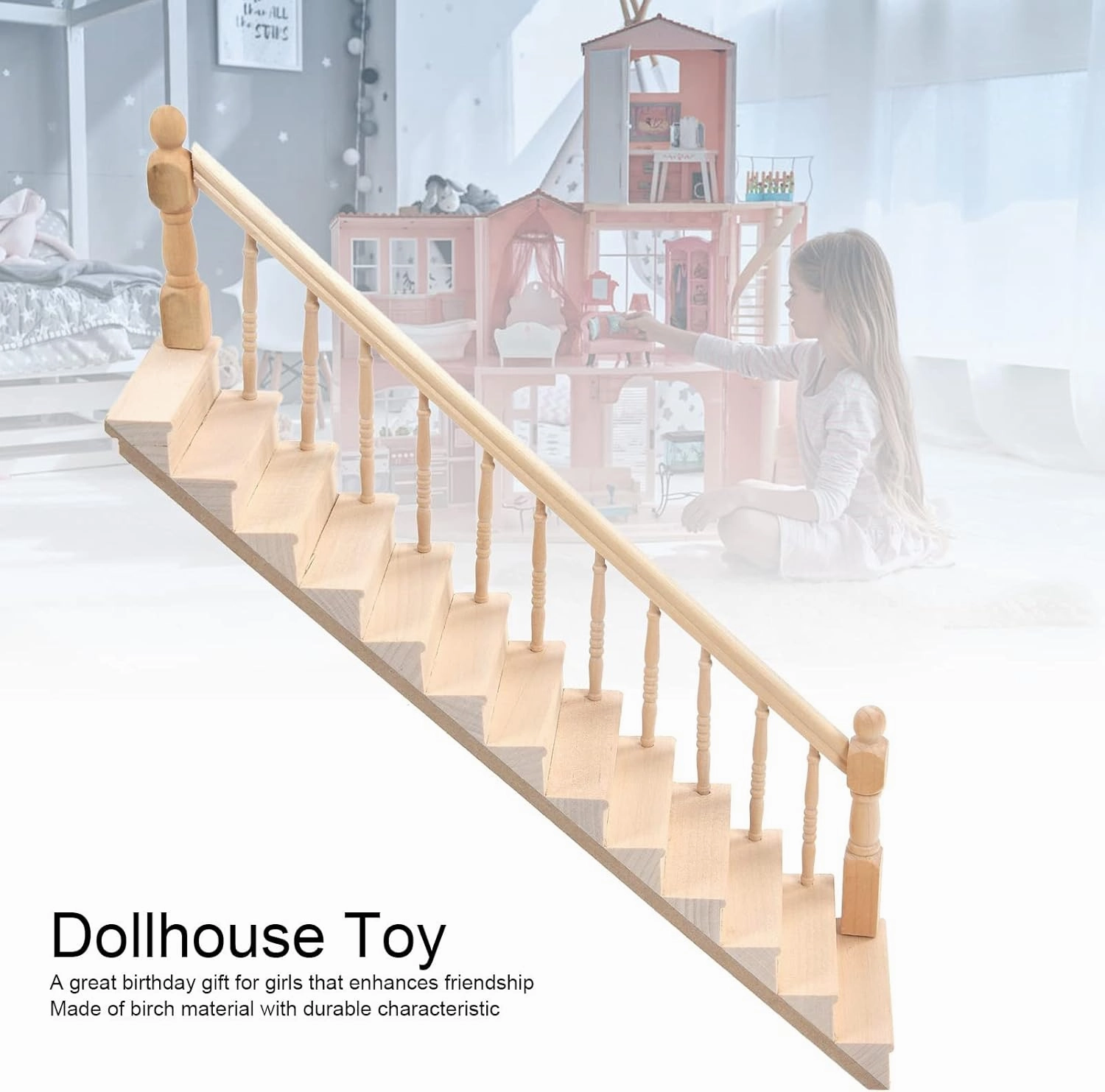Doll House Stairs, Glossy Rounded Corners Birch Material DIY Vivd Cute 1/12 Scale Miniature Staircase for Crafts, for Hanging on The Wall (Right handrail)
