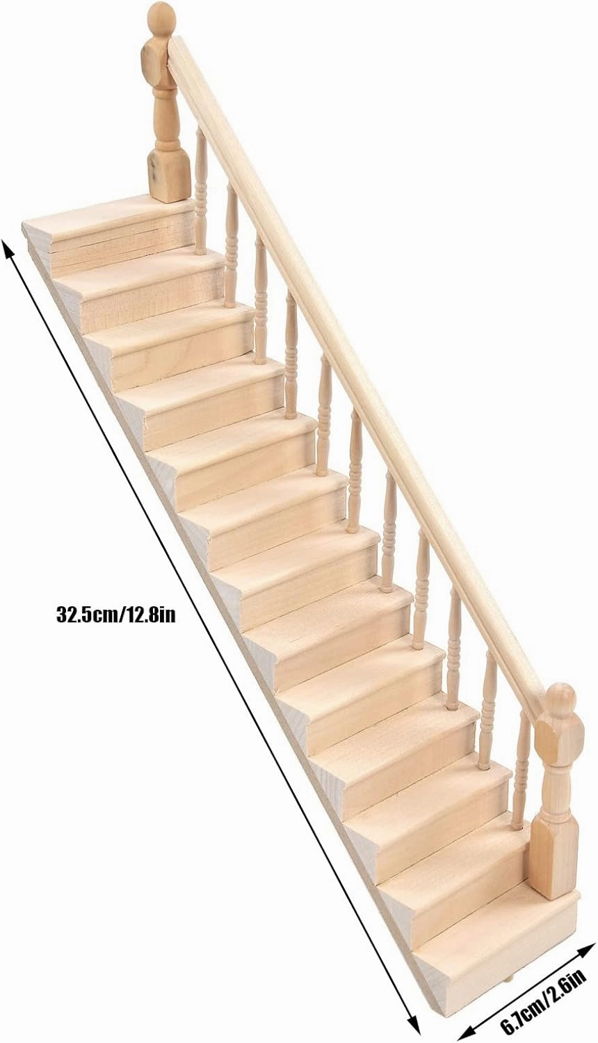 Doll House Stairs, Wooden Birch Material DIY Doll House Model Scene Accessories 1/12 Scale Miniature Staircase (Right armrest)