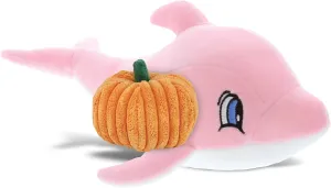 DolliBu Baby Soft Pink Dolphin Stuffed Animal with Pumpkin Decor and Name Personalization - Pumpkin Plush Animal for Fall, Halloween and Thanksgiving for Baby, Kids, Adults - 12 Inches