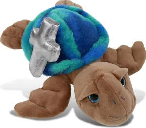 DolliBu Blue Tie-Dye Brown Sea Turtle Stuffed Animal with Silver Cross and Personalization - Baptism Gifts for Boys and Girls, Dedication Christening Gift Plush Prayer Toy Healing Teddy Bear - 10 Inch