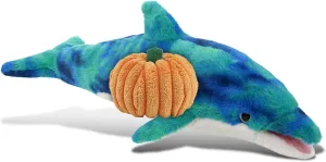DolliBu Blue Tie-Dye Dolphin Stuffed Animal with Pumpkin Decor and Name Personalization - Pumpkin Plush Animal for Fall, Halloween and Thanksgiving, Pumpkin Toy for Baby, Kids, Adults - 18 Inches