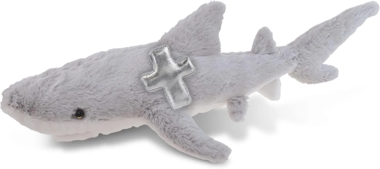DolliBu Great White Shark Stuffed Animal with Silver Cross Plush - Religious Baptism Gifts for Boys and Girls, Cute Dedication Christening Gifts Plush Prayer Toy Healing Stuffed Animal - 23 Inches
