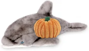 DolliBu Halloween Stuffed Animal Grey Dolphin Plush with Pumpkin - Cute Grey Dolphin Stuffed Animal with Small Pumpkin Plush Perfect Halloween Plush Toys for Baby, Kids, Adults - 12.5 Inches