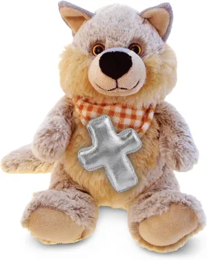 DolliBu Sitting Wolf Stuffed Animal with Silver Cross Plush - Religious Baptism Gifts for Boys and Girls, Cute Dedication Christening Gifts Plush Prayer Toy Healing Teddy Bear - 9 Inches