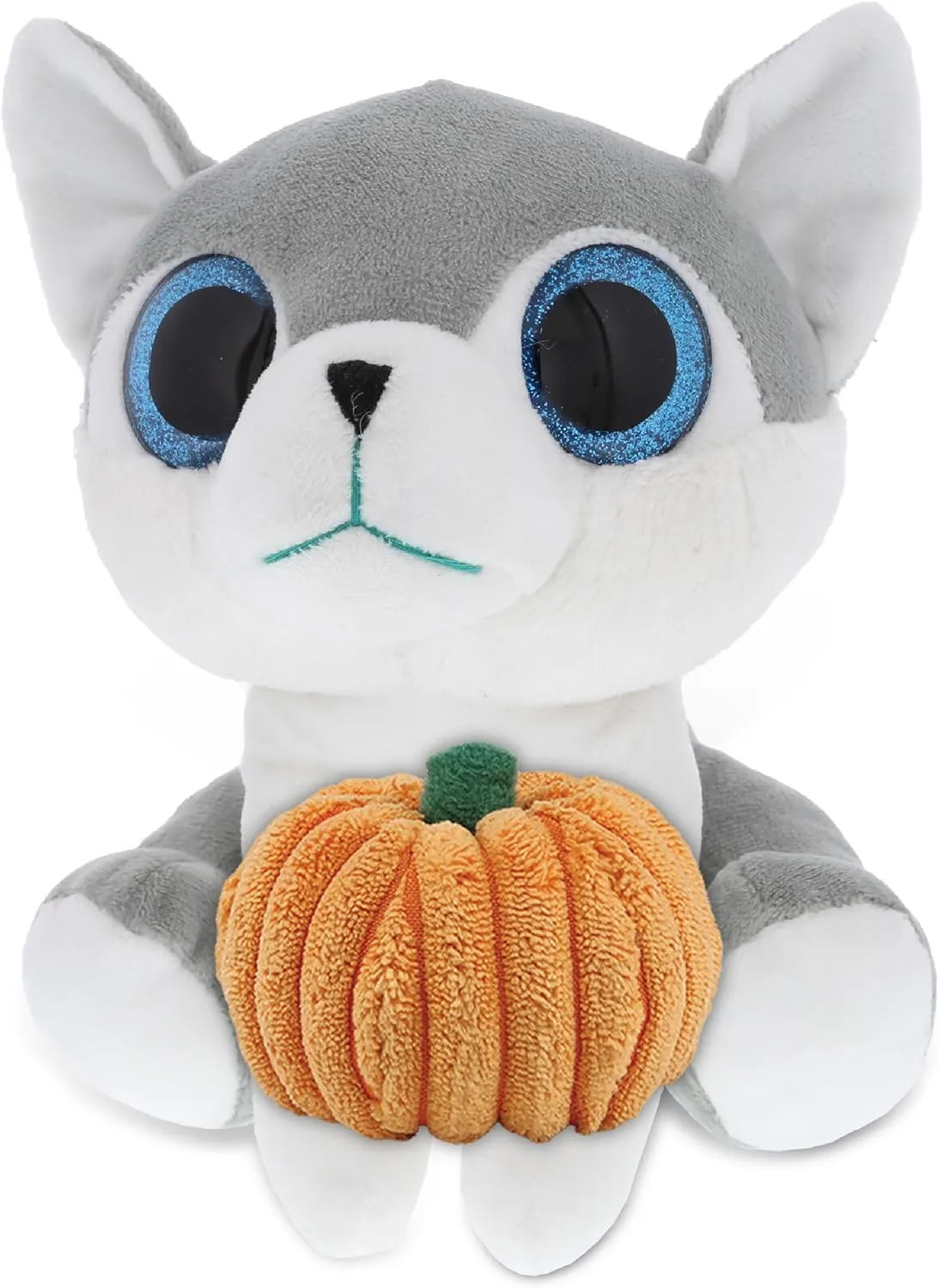 DolliBu Sparkle Eyes Wolf Stuffed Animal with Pumpkin Plush Decor - Wolf Pumpkin Plush Animal for Fall, Halloween and Thanksgiving, Pumpkin Plush Toy for Baby, Kids, Adults - 8 Inches