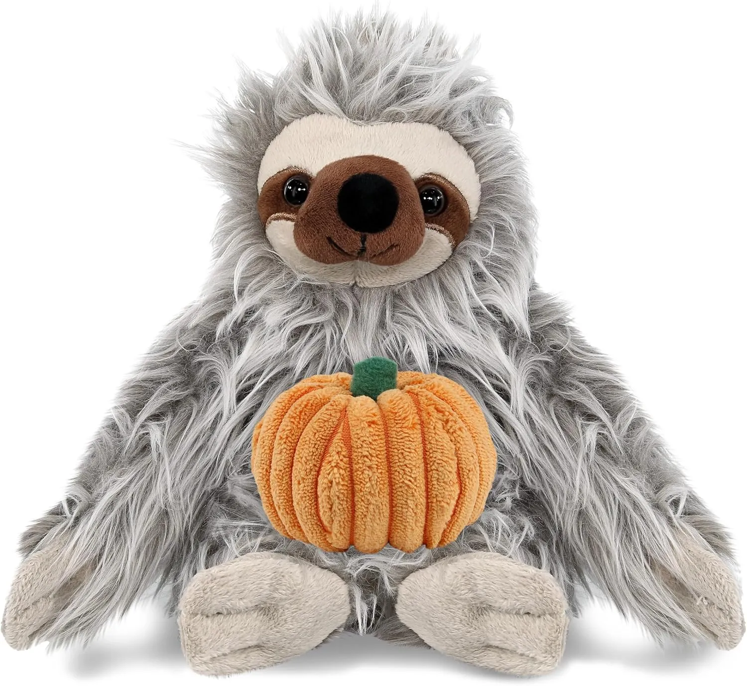 DolliBu Super Soft Grey Sloth Stuffed Animal with Pumpkin Decor and Name Personalization - Pumpkin Plush Animal for Fall, Halloween and Thanksgiving, Pumpkin Toy for Baby, Kids, Adults - 7 Inches