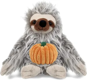 DolliBu Super Soft Grey Sloth Stuffed Animal with Pumpkin Decor and Name Personalization - Pumpkin Plush Animal for Fall, Halloween and Thanksgiving, Pumpkin Toy for Baby, Kids, Adults - 7 Inches