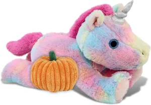 DolliBu Super Soft Laying Rainbow Unicorn Stuffed Animal with Pumpkin Decor and Name Personalization - Pumpkin Plush Animal for Fall, Halloween and Thanksgiving, Pumpkin Toy for Kids, Adults - 16 Inch