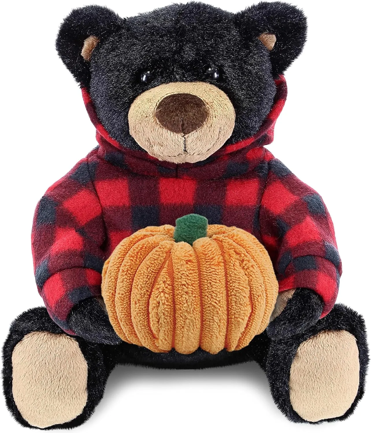 DolliBu Super Soft Plush Black Bear with Red Plaid Hoodie Stuffed Animal with Pumpkin Decor - Plush Animal for Fall, Halloween and Thanksgiving, Pumpkin Toy for Baby, Kids, Adults - 10 Inches