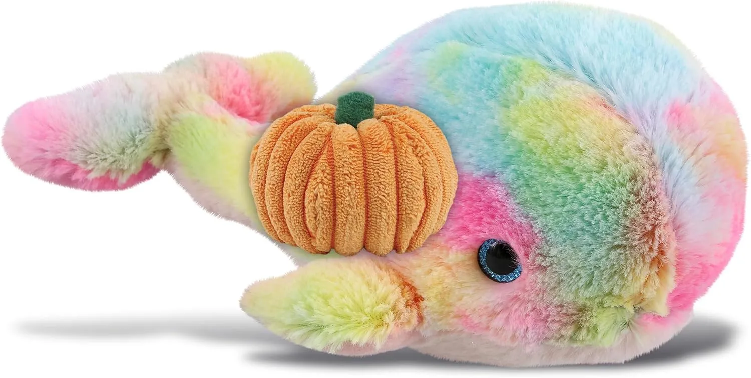 DolliBu Super Soft Plush Large Rainbow Whale Stuffed Animal with Pumpkin Decor - Pumpkin Plush Animal for Fall, Halloween and Thanksgiving, Pumpkin Toy for Baby, Kids, Adults - 9 Inches