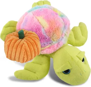 DolliBu Super Soft Plush Rainbow Green Sea Turtle Stuffed Animal with Pumpkin Decor - Pumpkin Plush Animal for Fall, Halloween and Thanksgiving, Pumpkin Toy for Baby, Kids, Adults - 10 Inches