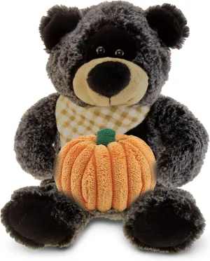 DolliBu Super Soft Sitting Black Bear Stuffed Animal with Pumpkin Decor and Name Personalization - Plush Animal for Fall, Halloween, Thanksgiving for Baby, Kids, Adults - 9 Inches