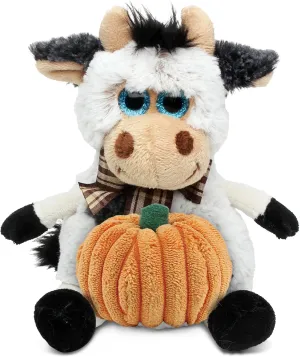 DolliBu Super Soft Sitting Cow Stuffed Animal with Pumpkin Decor and Name Personalization - Pumpkin Plush Animal for Fall, Halloween and Thanksgiving for Baby, Kids, Adults - 7 Inches