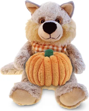 DolliBu Super Soft Sitting Wolf Stuffed Animal with Pumpkin Decor and Name Personalization - Plush Animal for Fall, Halloween and Thanksgiving for Baby, Kids, Adults - 9 Inches