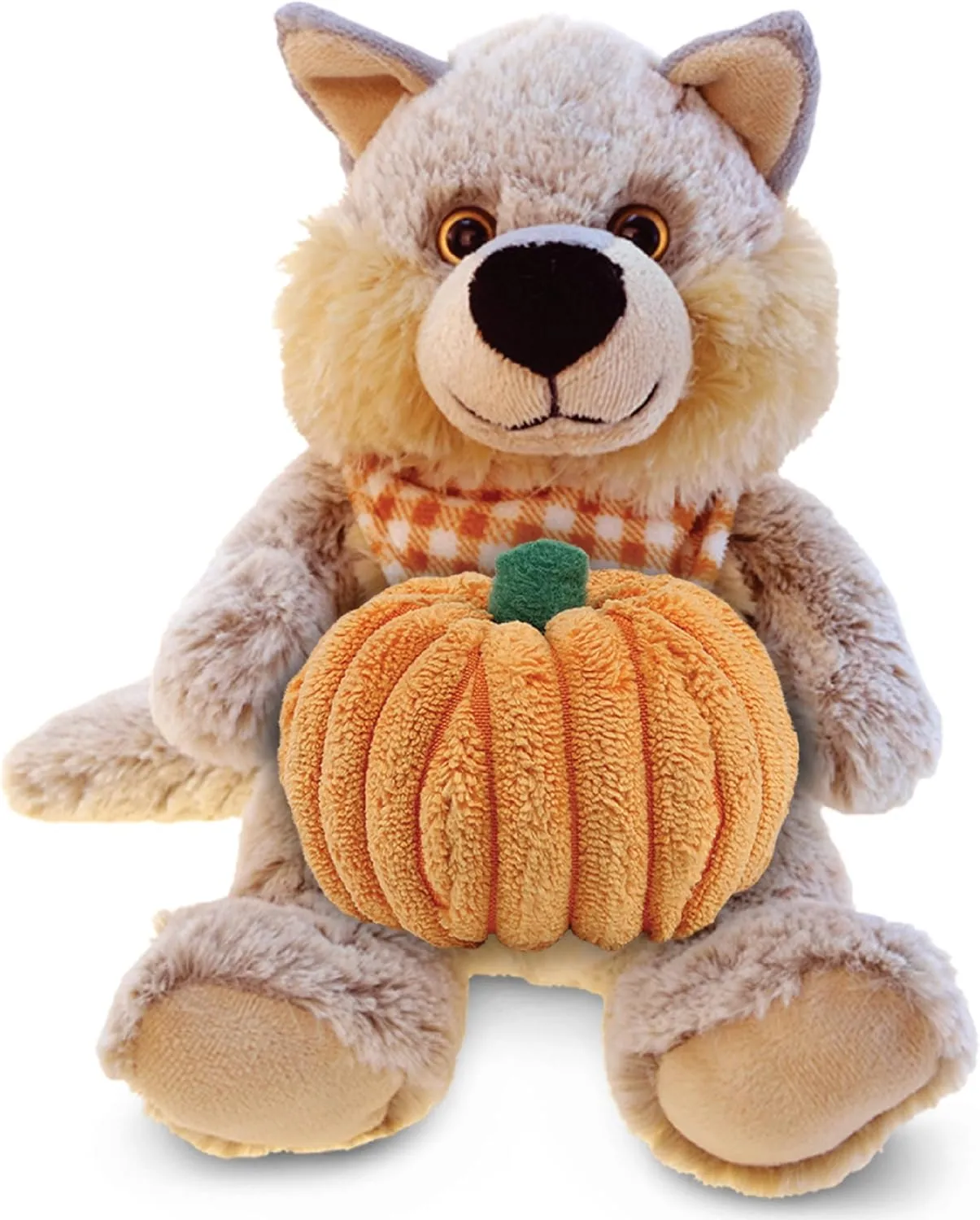 DolliBu Super Soft Sitting Wolf Stuffed Animal with Pumpkin Decor and Name Personalization - Plush Animal for Fall, Halloween and Thanksgiving for Baby, Kids, Adults - 9 Inches
