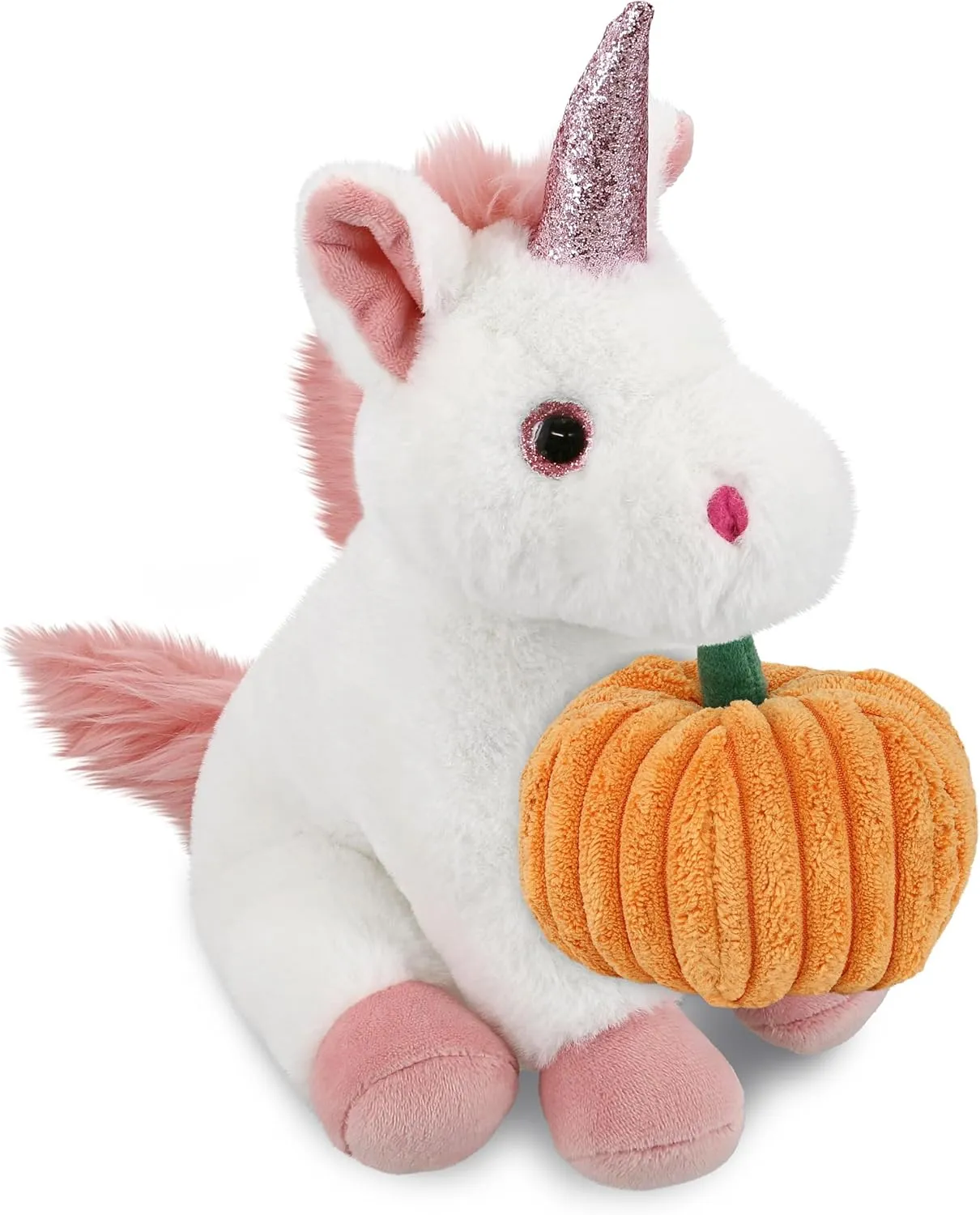 DolliBu Super Soft White Unicorn Stuffed Animal with Cute Pumpkin Decor – Cute Pumpkin Plush Unicorn Animal for Fall, Halloween and Thanksgiving, Pumpkin Toy for Baby, Kids, Adults – 9 Inches