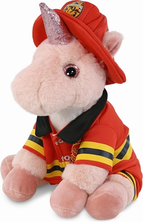 DolliBu Pink Unicorn Firefighter Stuffed Animal with Name Personalization - Super Soft Unicorn with Red Fireman Costume Outfit and Fireman Hat, Cute Fire Fighter Doll Plush Toy for Kids - 9 Inch