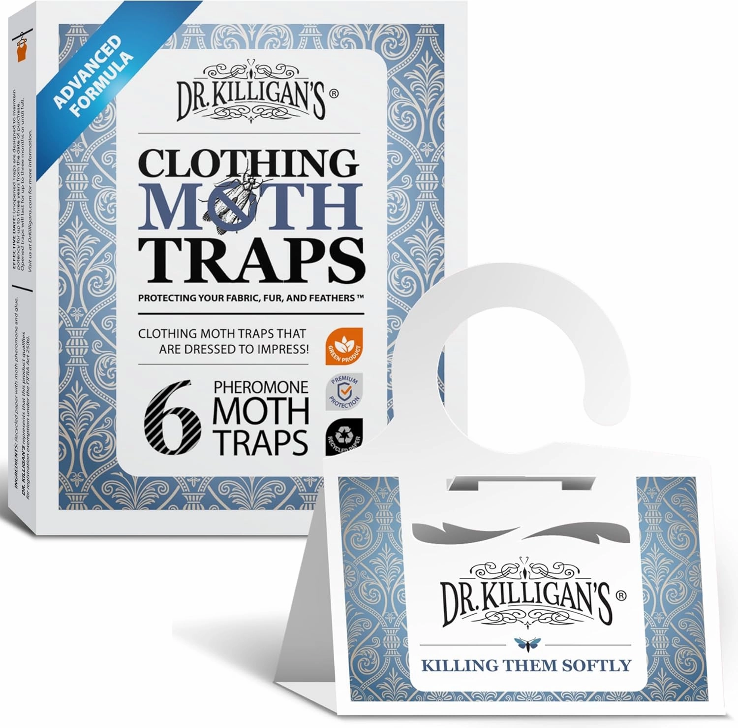 Dr. Killigan's Premium Double Potent Clothing Moth Traps with Pheromones Prime | Organic Clothes Moth Trap with Lure for Closets & Carpet | Case Making Moth Treatment & Prevention (6 Pack, White)