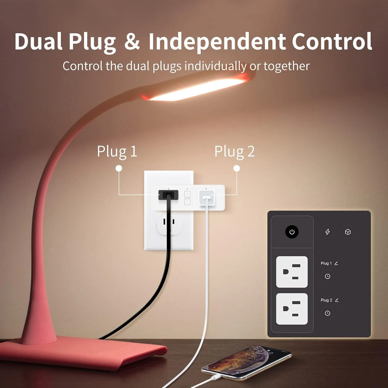 Dual Smart Plug, 15A WiFi Outlet Extender, Smartlife App Control, Schedule Timer Function, 2-in-1 Compatible with Alexa, Google Home Assistant, No Hub Required, ETL&FCC, 2.4G WiFi Only, 2-Pack