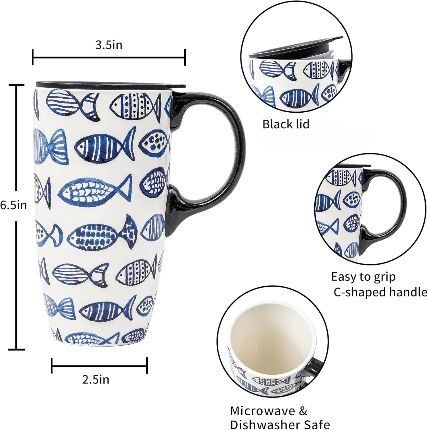 DUSVALLY Ceramic Coffee Cup Coffee Mug for Office and Home, Unique Painted with mug, Flower Mug,17oz.Large Cups,Fish,Gifts for Mom