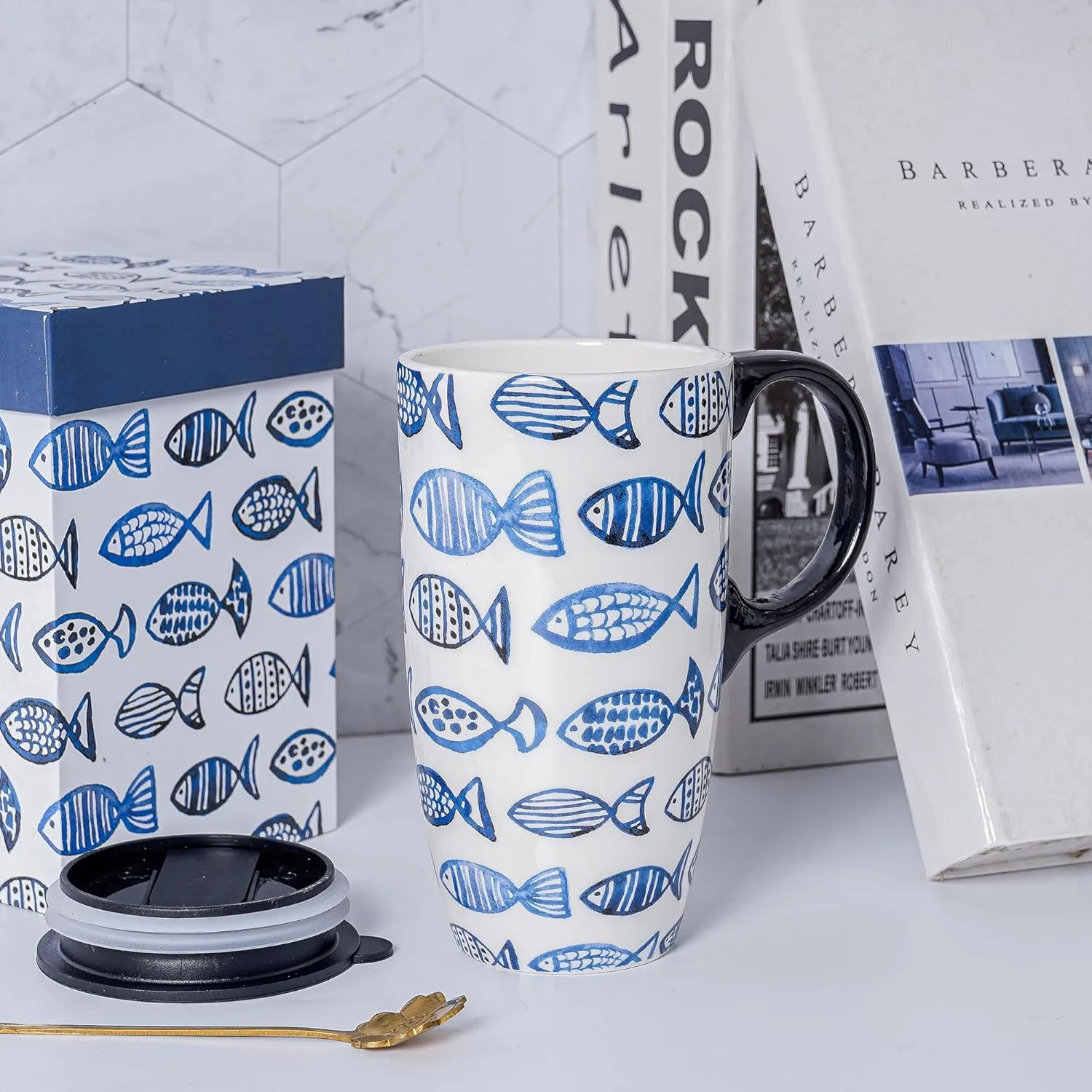 DUSVALLY Ceramic Coffee Cup Coffee Mug for Office and Home, Unique Painted with mug, Flower Mug,17oz.Large Cups,Fish,Gifts for Mom