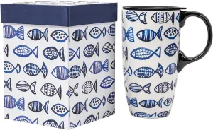 DUSVALLY Ceramic Coffee Cup Coffee Mug for Office and Home, Unique Painted with mug, Flower Mug,17oz.Large Cups,Fish,Gifts for Mom