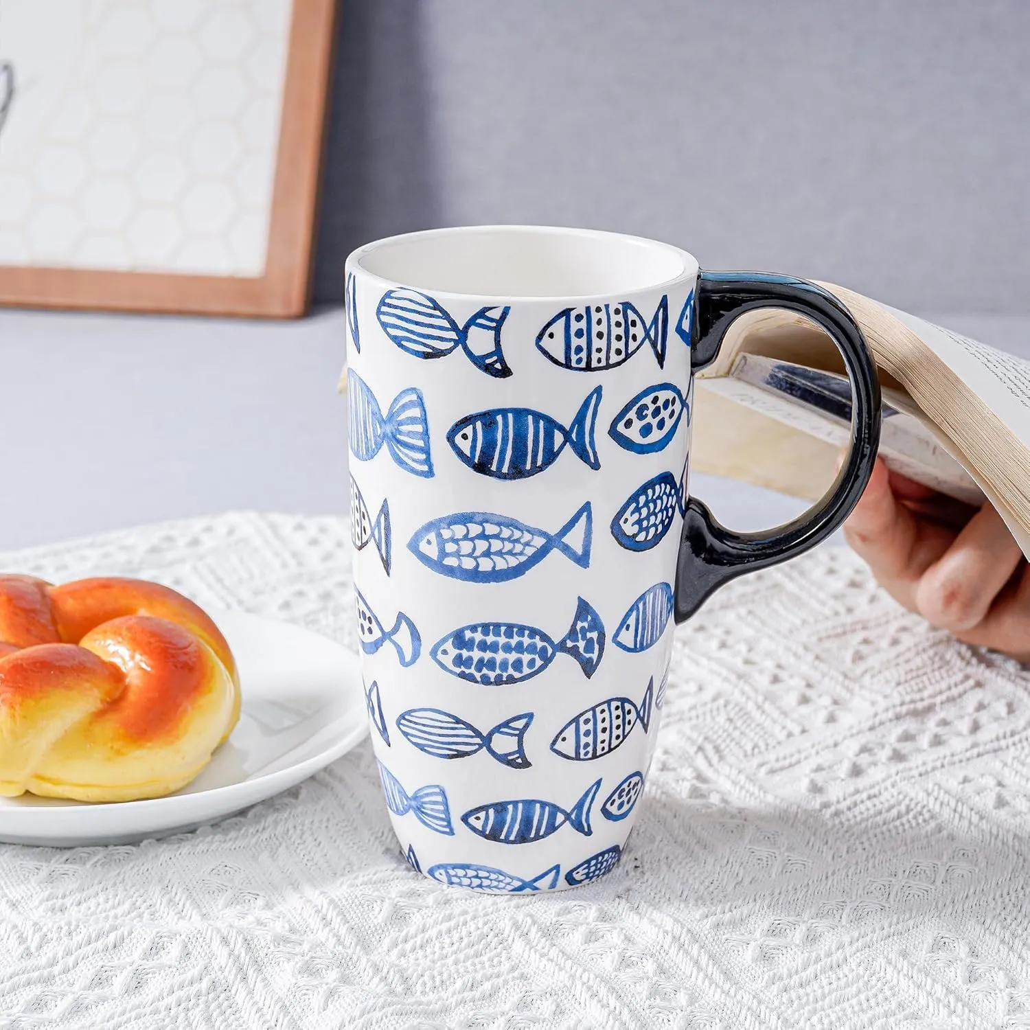 DUSVALLY Ceramic Coffee Cup Coffee Mug for Office and Home, Unique Painted with mug, Flower Mug,17oz.Large Cups,Fish,Gifts for Mom