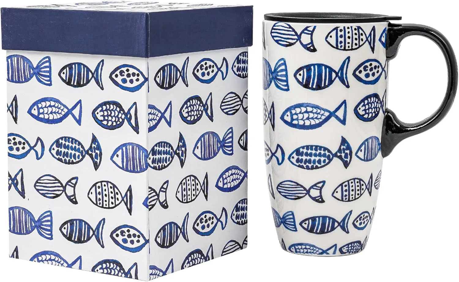 DUSVALLY Ceramic Coffee Cup Coffee Mug for Office and Home, Unique Painted with mug, Flower Mug,17oz.Large Cups,Fish,Gifts for Mom