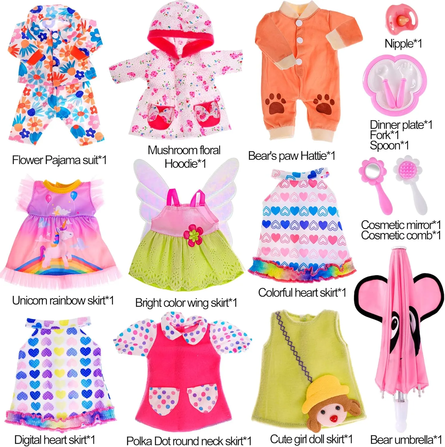 Ebuddy Baby Doll Clothes & Accessories - 16 Pack with 12 & 14 Inch Doll Sizes
