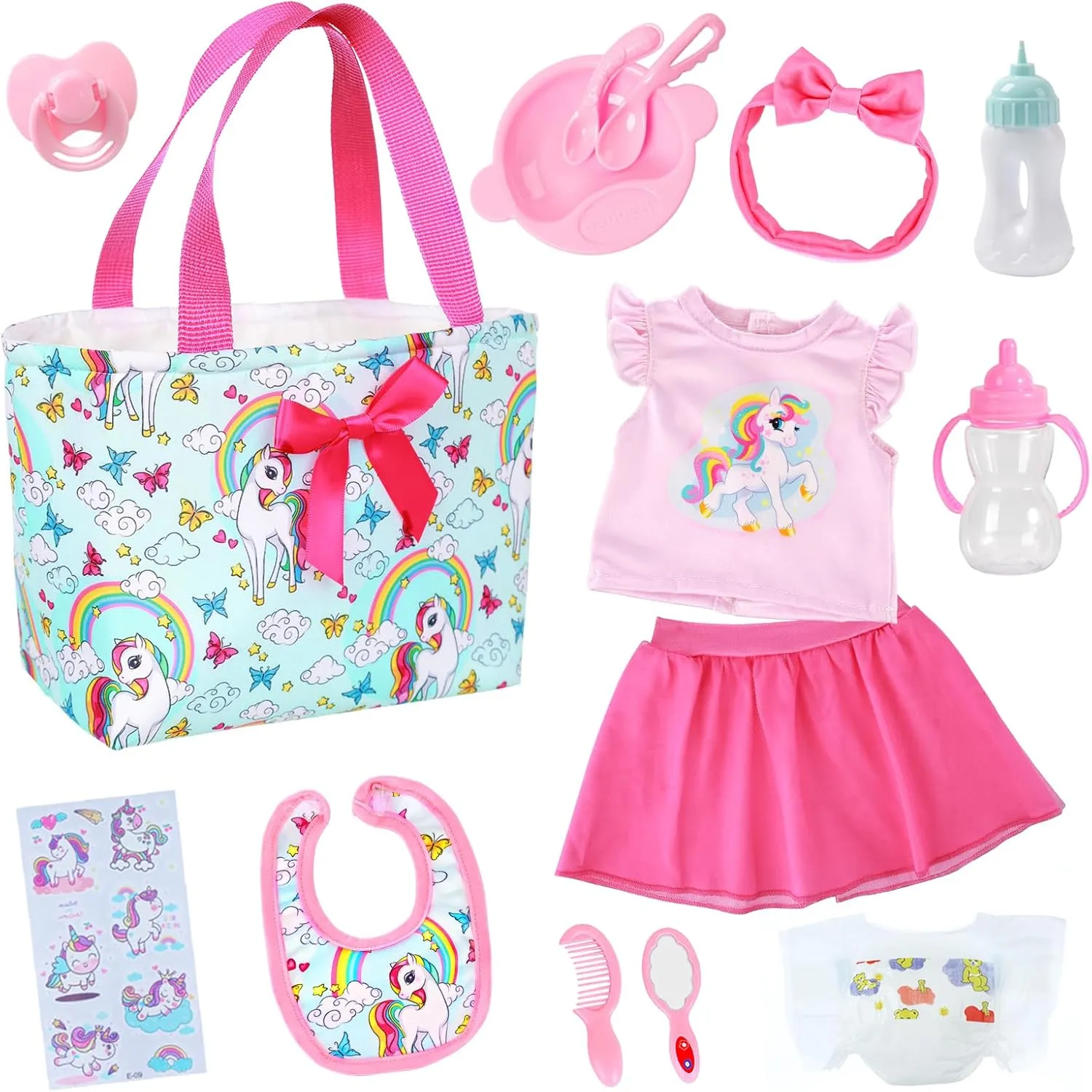 Ecore Fun 15 Pcs Baby Doll Diaper Bag with Clothes and Accessories, Includes 16 Inch Girl Doll Clothes, Bottles, Pacifier, Bib, Diaper