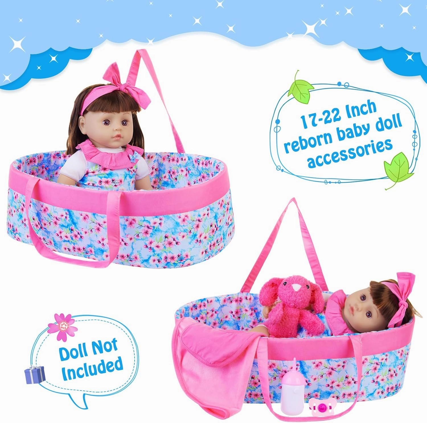 Ecore Fun 10 Pcs Baby Doll Clothes with Bassinet | Outfit Sets & Accessories for 17-22 Inch Reborn Dolls
