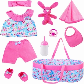 Ecore Fun 10 Pcs Baby Doll Clothes with Bassinet | Outfit Sets & Accessories for 17-22 Inch Reborn Dolls