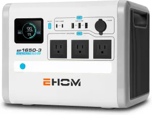 EHOM Portable Power Station, EP1650 1024Wh LiFePO4 EVE Battery Solar Generator Backup 120V AC/DC/USB, 1650W (Peak 2200W) Mobile Power Supply as Emergency Generator for RV Off-Grid Home Outdoor Camping
