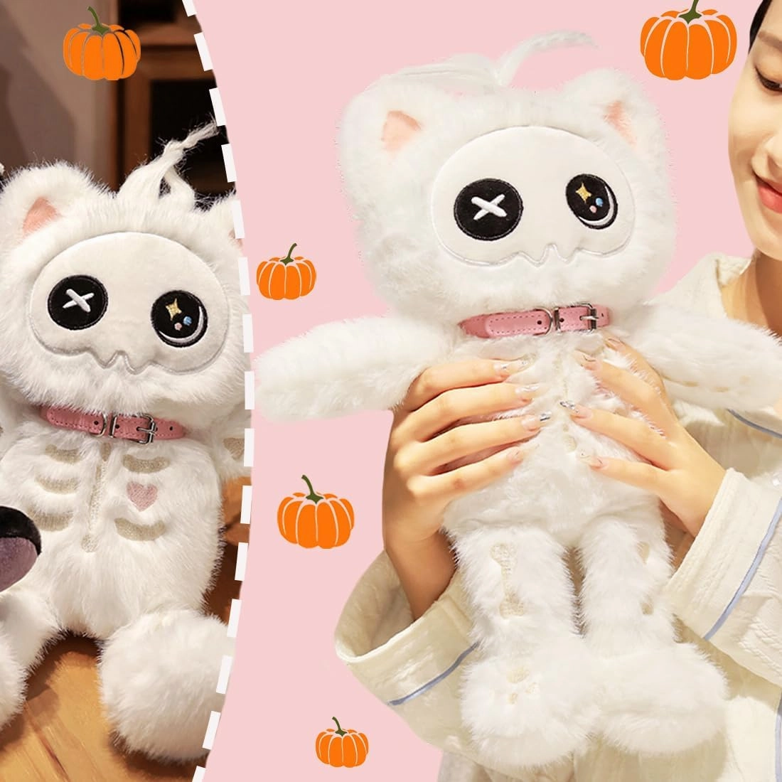ELAINREN White Skeleton Cat Plush Toy,Gothic Kitten Stuffed Animals,Creepy Bone Kitty Plushie Doll Gifts/15.7''