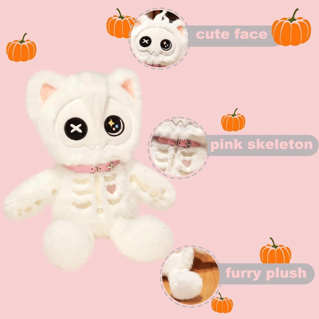 ELAINREN White Skeleton Cat Plush Toy,Gothic Kitten Stuffed Animals,Creepy Bone Kitty Plushie Doll Gifts/15.7''