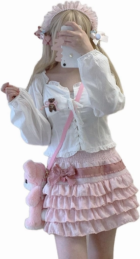 Elastic Waist Lolita Cake Mini Skirts for Women Girls High Waist Pleated Skirt Y2K Layered Skirt