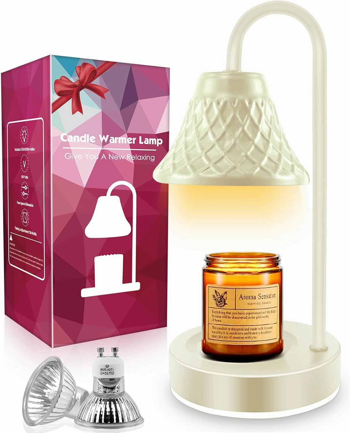 Electric Candle Warmer Lamp with Timer: Dimmable Candles Light with 2 Bulbs for Home Decor - Scented Wax Melt Warmers (White)