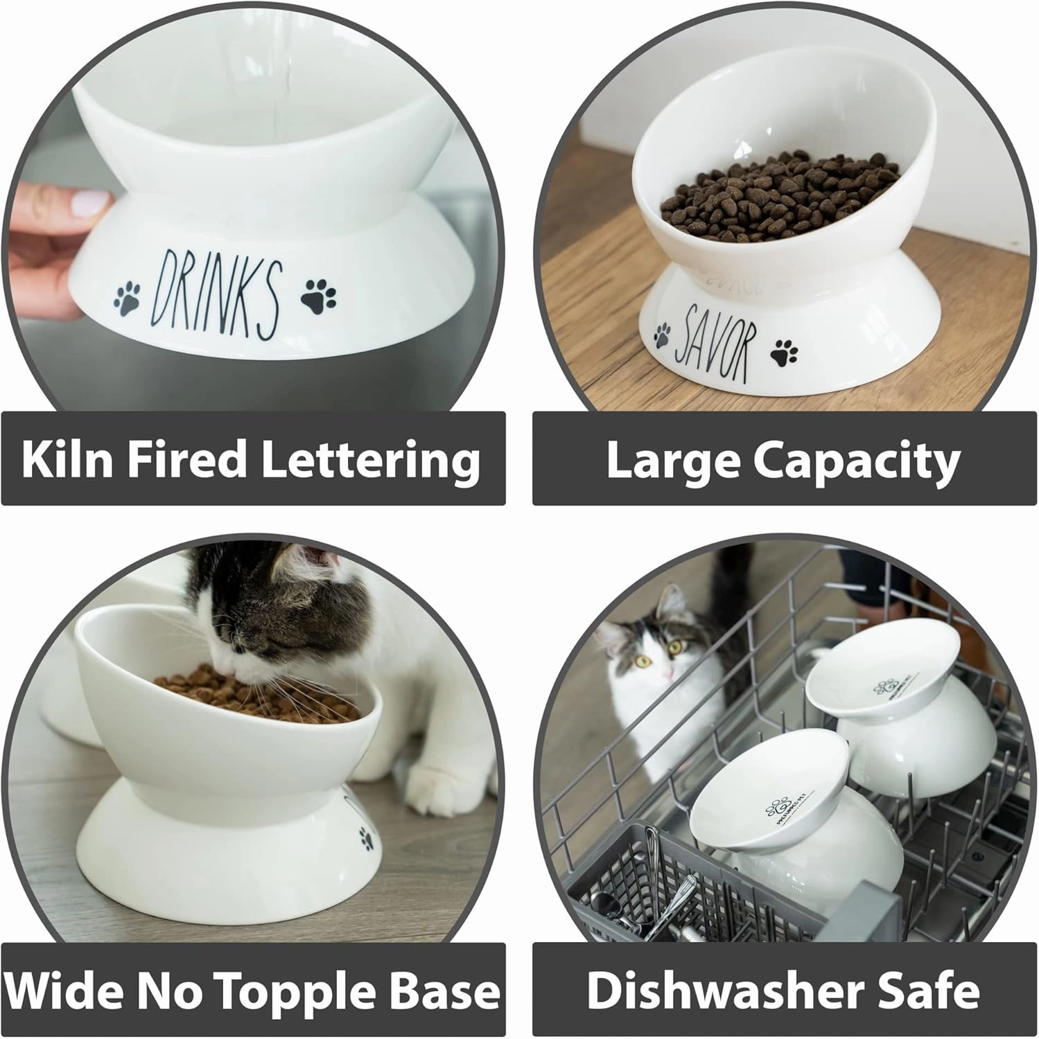 Elevated Cat Food Bowl Set - Two Porcelain Raised Cat Bowls, Wide Tilted Food & Water Dishes
