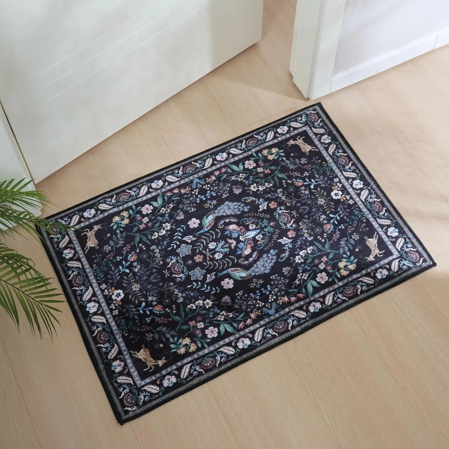 Entryway Rug 2x3 Rug Door Mat Indoor Entrance Floral Washable Rug Small Non-Slip Low Pile Throw Rugs for Entryway, Kitchen, Front Door Indoor Entrance, Entry(Black)