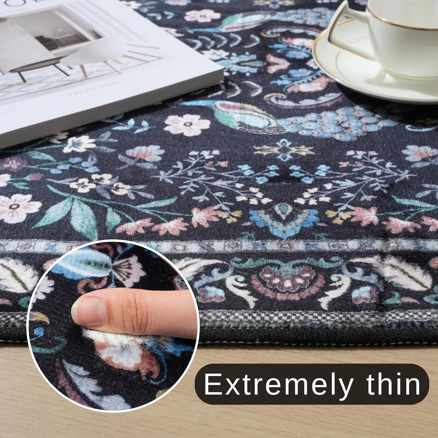 Entryway Rug 2x3 Rug Door Mat Indoor Entrance Floral Washable Rug Small Non-Slip Low Pile Throw Rugs for Entryway, Kitchen, Front Door Indoor Entrance, Entry(Black)