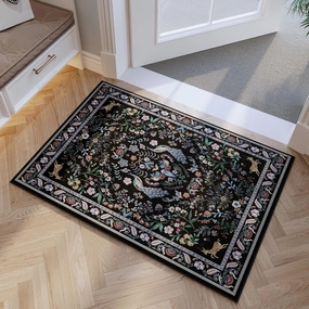 Entryway Rug 2x3 Rug Door Mat Indoor Entrance Floral Washable Rug Small Non-Slip Low Pile Throw Rugs for Entryway, Kitchen, Front Door Indoor Entrance, Entry(Black)