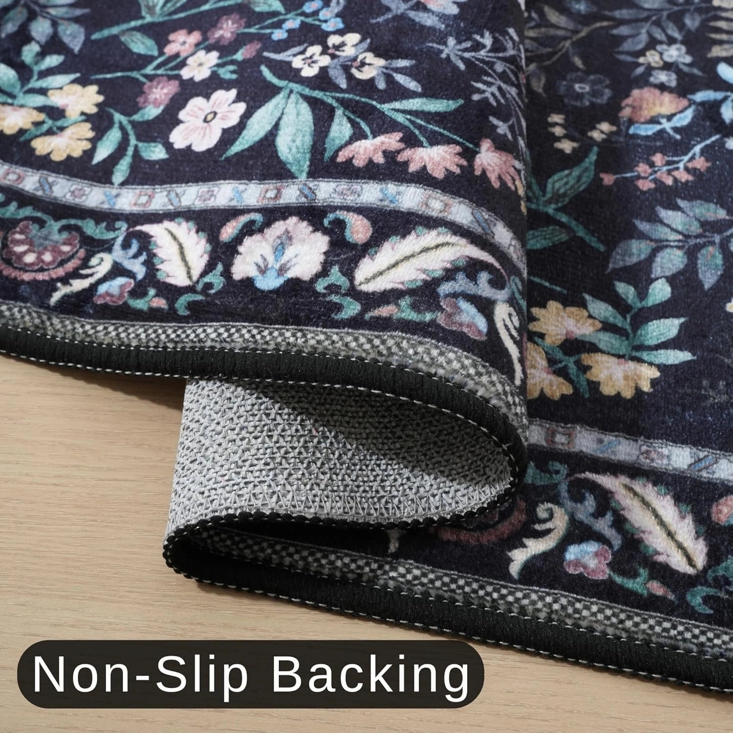 Entryway Rug 2x3 Rug Door Mat Indoor Entrance Floral Washable Rug Small Non-Slip Low Pile Throw Rugs for Entryway, Kitchen, Front Door Indoor Entrance, Entry(Black)
