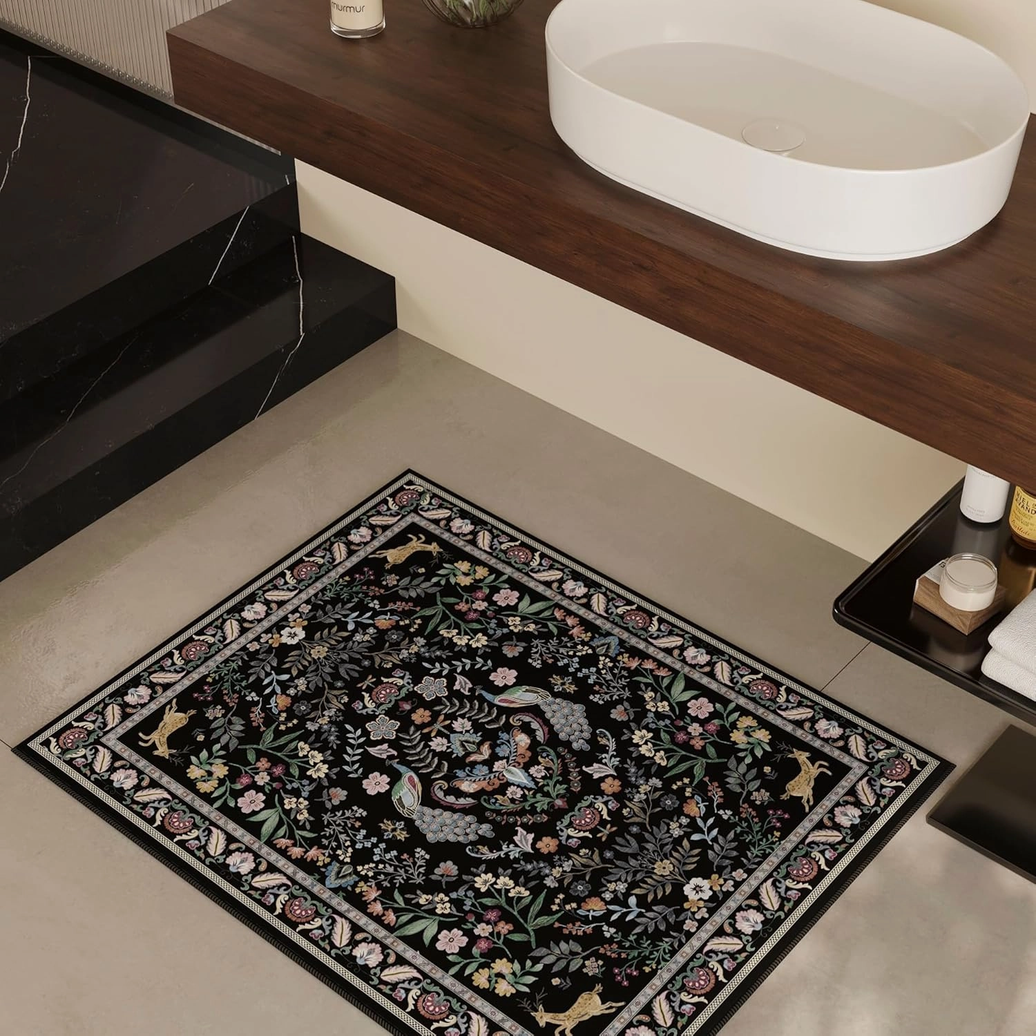 Entryway Rug 2x3 Rug Door Mat Indoor Entrance Floral Washable Rug Small Non-Slip Low Pile Throw Rugs for Entryway, Kitchen, Front Door Indoor Entrance, Entry(Black)